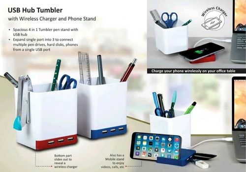 Plastic Usb Hub Tumbler With Wireless Charger And Phone Stand