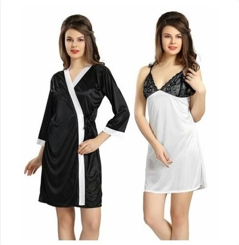 Plain Ladies Black And White Satin Nighty With Robe