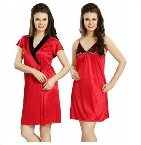 Red Ladies Satin Nighty With Robe