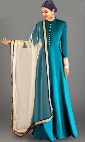 Buy Party Wear Green Digital Printed Chanderi Silk Gown Online From Surat  Wholesale Shop.