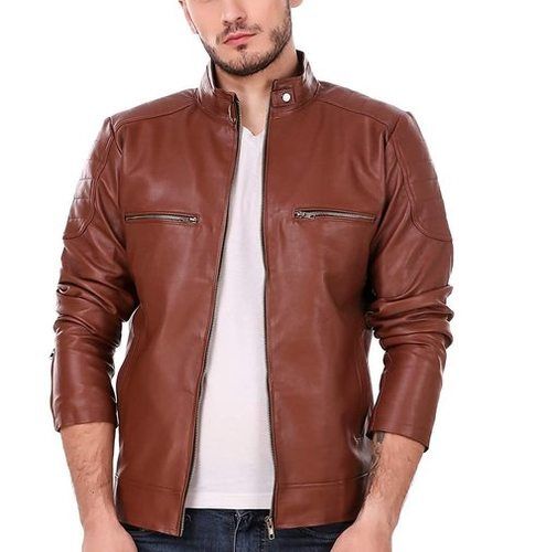 Brown Designer Faux Leather Biker Jacket For Men