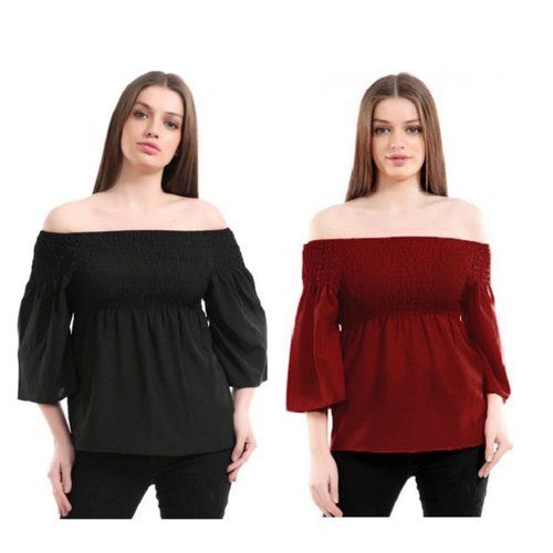 Multicolor Girls Off Shoulder Top (Pack Of 2)