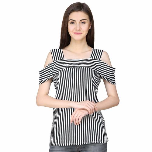 Black Polyster Cold Shoulder Half Sleeves Top For Girls