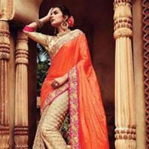 Various Colors  Are Available Artistic Orange Crushed Silk On Net Saree