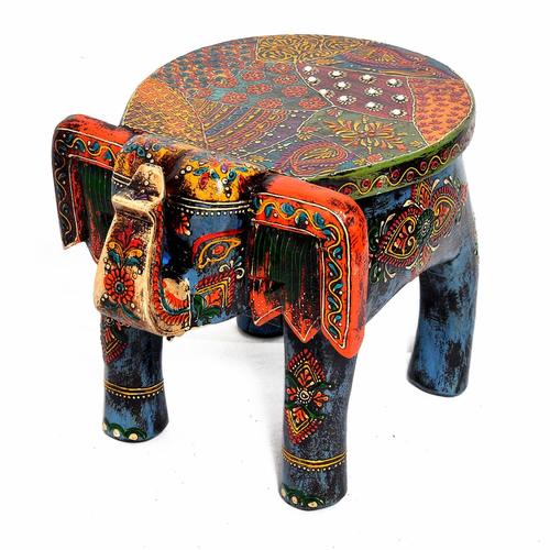 Wooden Painted Indian Style Elephant Design Stool