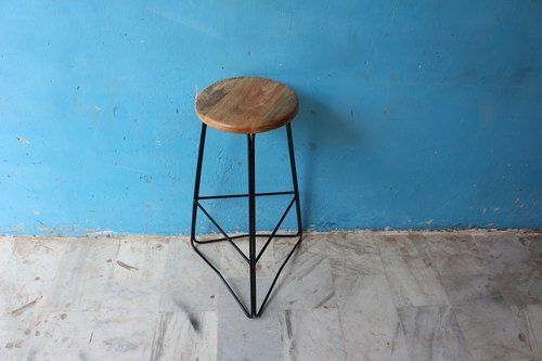 Round Metal Bar Stool With Wooden Seat