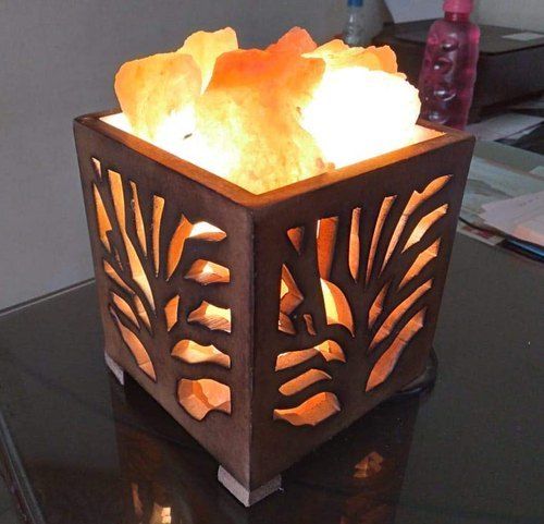 Tree Design Wooden Basket Himalayan Rock Salt Lamp