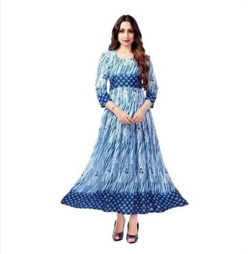 White & Blue Ladies Designer Long Kurti