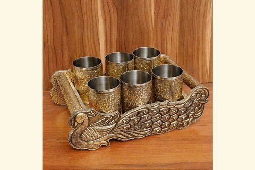 Polished Wooden Peacock Embossed Tray With Six Glasses