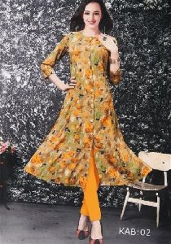 Printed Design Yellow Crepe Kurti