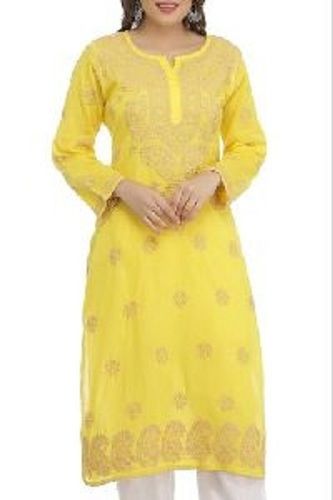 Yellow Chikan Embroidered Kurti