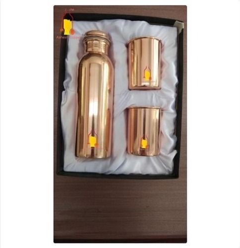 Golden Plain Copper Bottle And Glass Gift Set