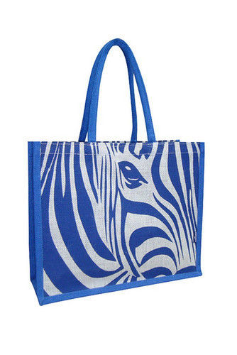 Zebra Print Blue Tote Jute Bag