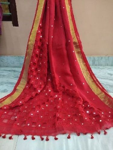 Various Colors  Are Available Mirror And Cutwork Linen Sarees