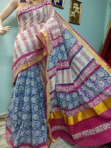 Various Colors  Are Available Wear Resistance Kerala Cotton Hand Block Printed Sarees