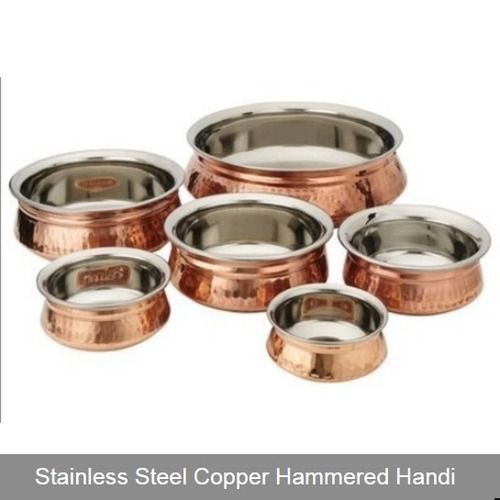 Stainless Steel Copper Hammered Handi Set - Polished Finish, Round Shape, 6 Handies, Elegant Copper Design