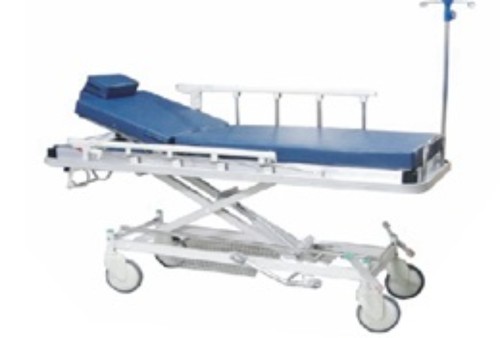 Emergency Trolley - Steel 210L x 67W x 65/85H cms | Height Adjustable Hydraulic Pump X-ray Translucent Top Mobile on Four Castors with Brakes