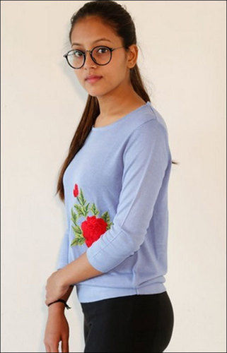 Blue Ladies Round Neck Embroidered T-Shirt