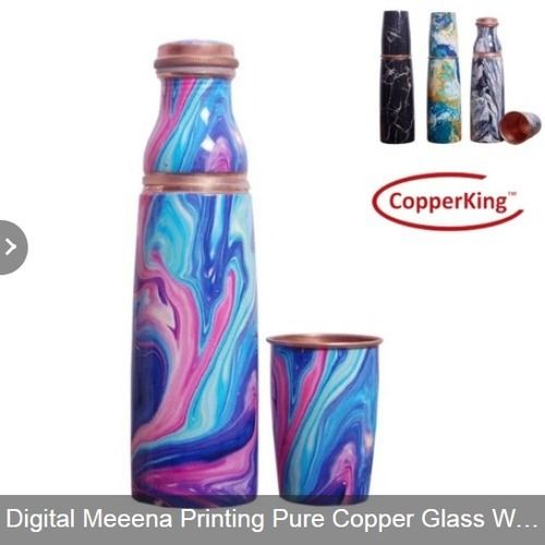 Multicolour Digital Meeena Printing Pure Copper Bottle Set