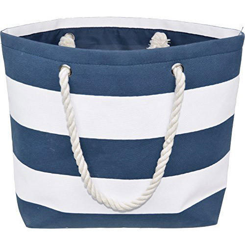 Jute Beach Bag - 20 Inch, White and Blue Striped Design | Eco-Friendly, Water Resistant, Elegant Finish, Rope Handled, Superior Quality