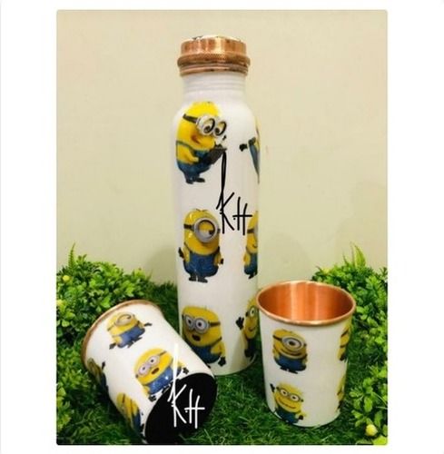 White Cartoon Printed Copper Bottle And Tumbler Set