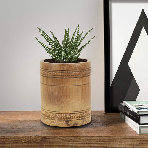 Beige Eco-Friendly Handcrafted Bamboo Wood Small Planter