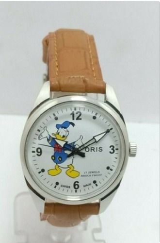 White Brown Strap Round Dial Wrist Watch