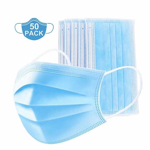 50 Pack Disposable 3-Ply Face Mask With Elastic Ear Loops Gender: Unisex