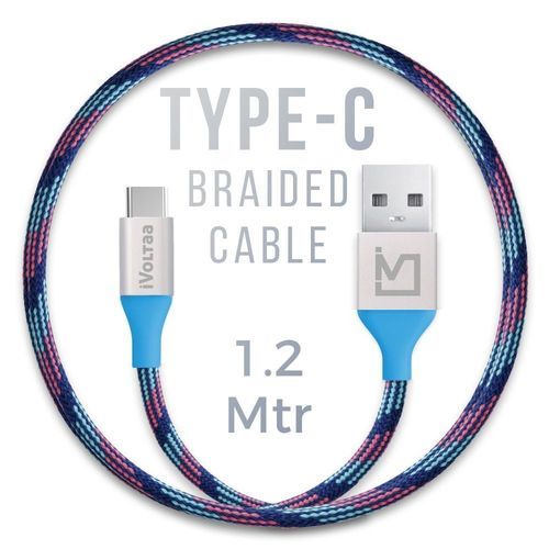 Ivoltaa Pixie Type C Cable Usb Premium Nylon Braided 1.2 Meter Or 4 Feet, Kyber Blue