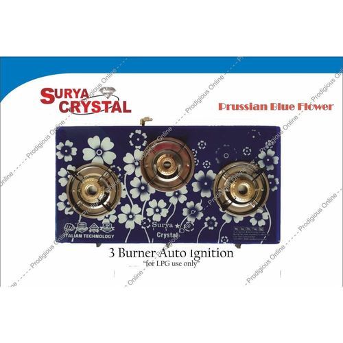 Surya Crystal 3 Burner Digital Glass Top Gas Stove With Auto Ignition - Prussian Flower