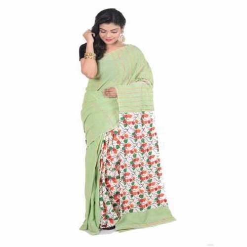 Light Green And Off White Color Khesh Cotton Saree With Blouse