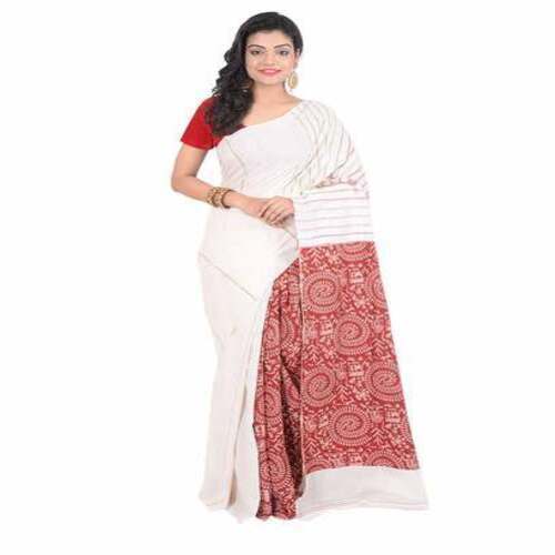 All Off White And Red Color Khesh Cotton Saree With Blouse