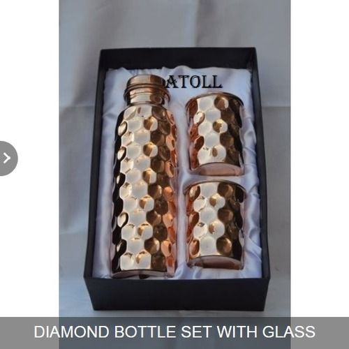 Natural Copper Colour Diamond Hammered Bottle Set With Glass