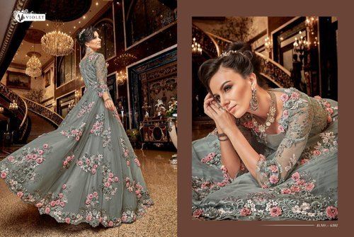 Multicolor Grey Net Anarkali Suit