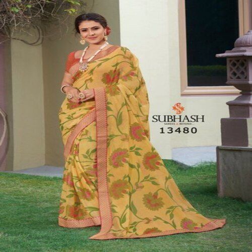 Mustard Fancy Floral Design Brasso Saree With Blouse