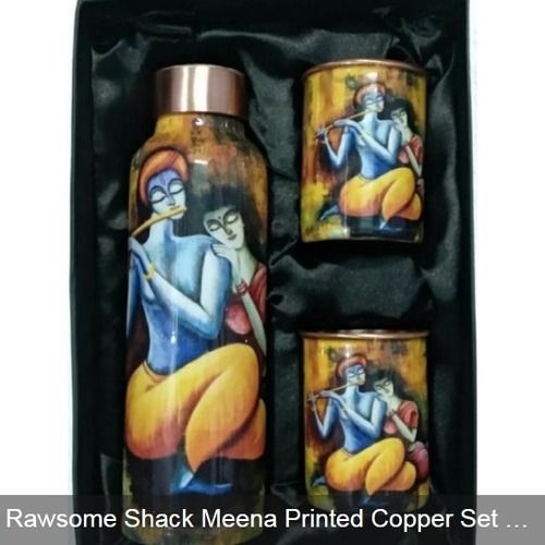 Multicolour Radha Krishna Meena Printed Copper Bottle Set