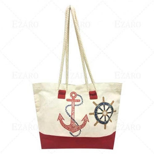 Off White Rope Handle Printed Cotton Beach Bag