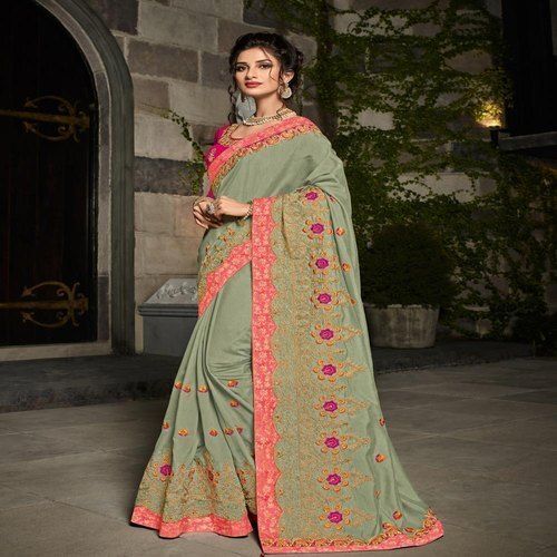 All Jari And Thread Embroidery With Stone Work Pure Soft Silk Sarees