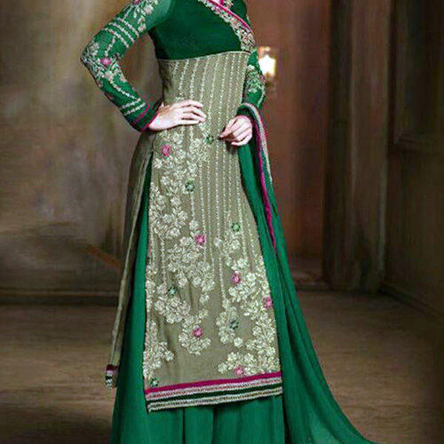 Full Sleeves Medium And Large Green Ladies Embroidered Palazzo Suit