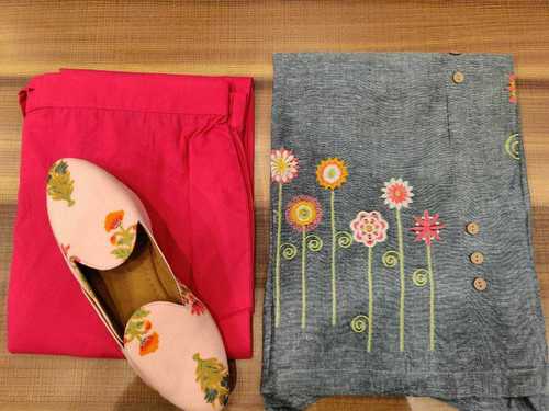 Grey And Pink Pure Linen Cotton Embroidery Tunic