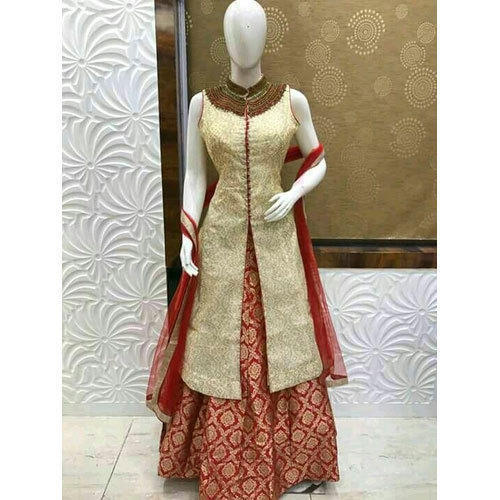 Golden And Red Silk Ladies Anarkali Lehenga Suit