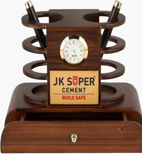 Brown Wooden Pen Stand With Clock