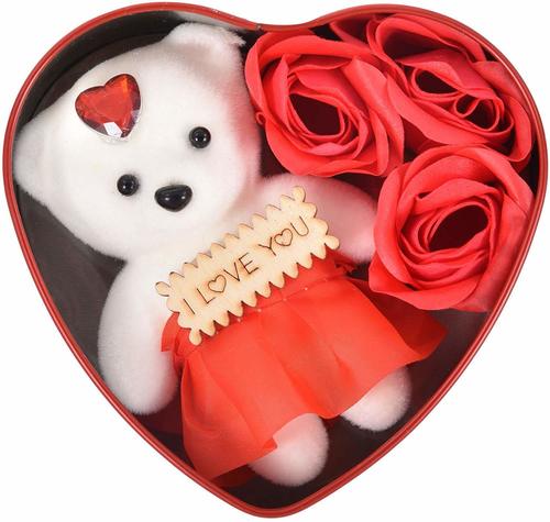 Red Heart Shaped Box With Teddy And Roses For Valentine Day, Rose Day, Teddy Day Gift