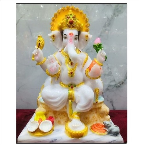 भारतीय संगमरमर गणेश सफेद और स्वर्ण प्रतिमा 12 इंच