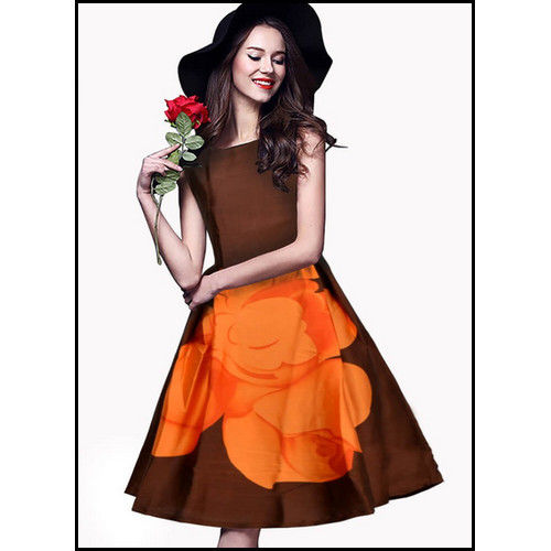 Orange Rosy Sleeveless One Piece Dress Length: 36 Inch (In)