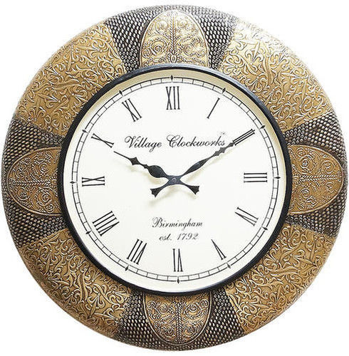 Brown Wood Round Brass Fitted Wall Clock