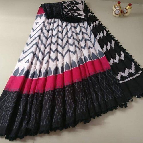 All White And Black Color Block Saree Cotton Mulmal With Pompom