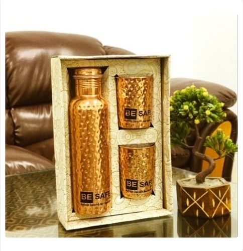 Golden Hammered Copper Bottle And Glass Set