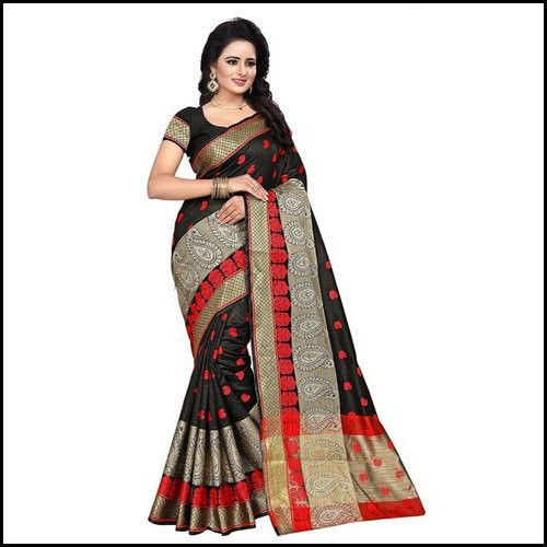 Spring Party Wear Black Banarasi Cotton Sarees