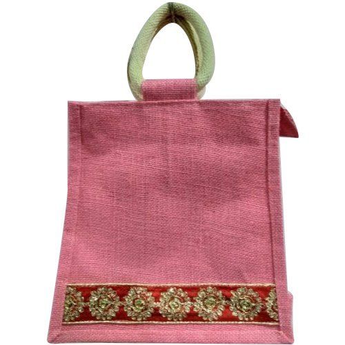 Eco Friendly Pink Embroidery Jute Lunch Bag